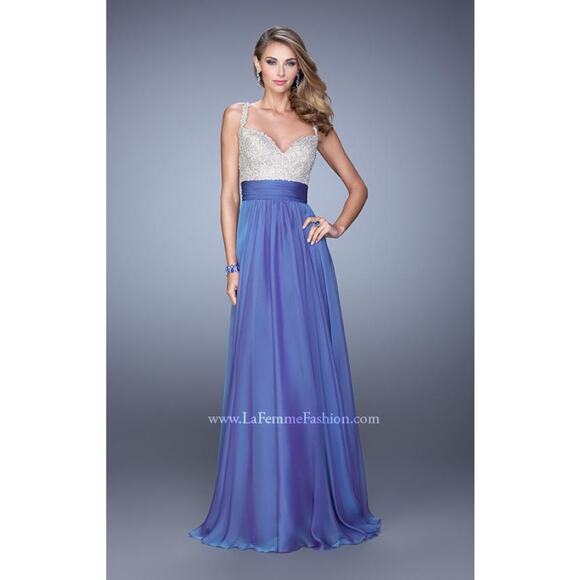 La Femme Prom Dress SZ 6 Blue Violet Formal Gown Embellished Lace Top Sleeveless - Picture 2 of 15
